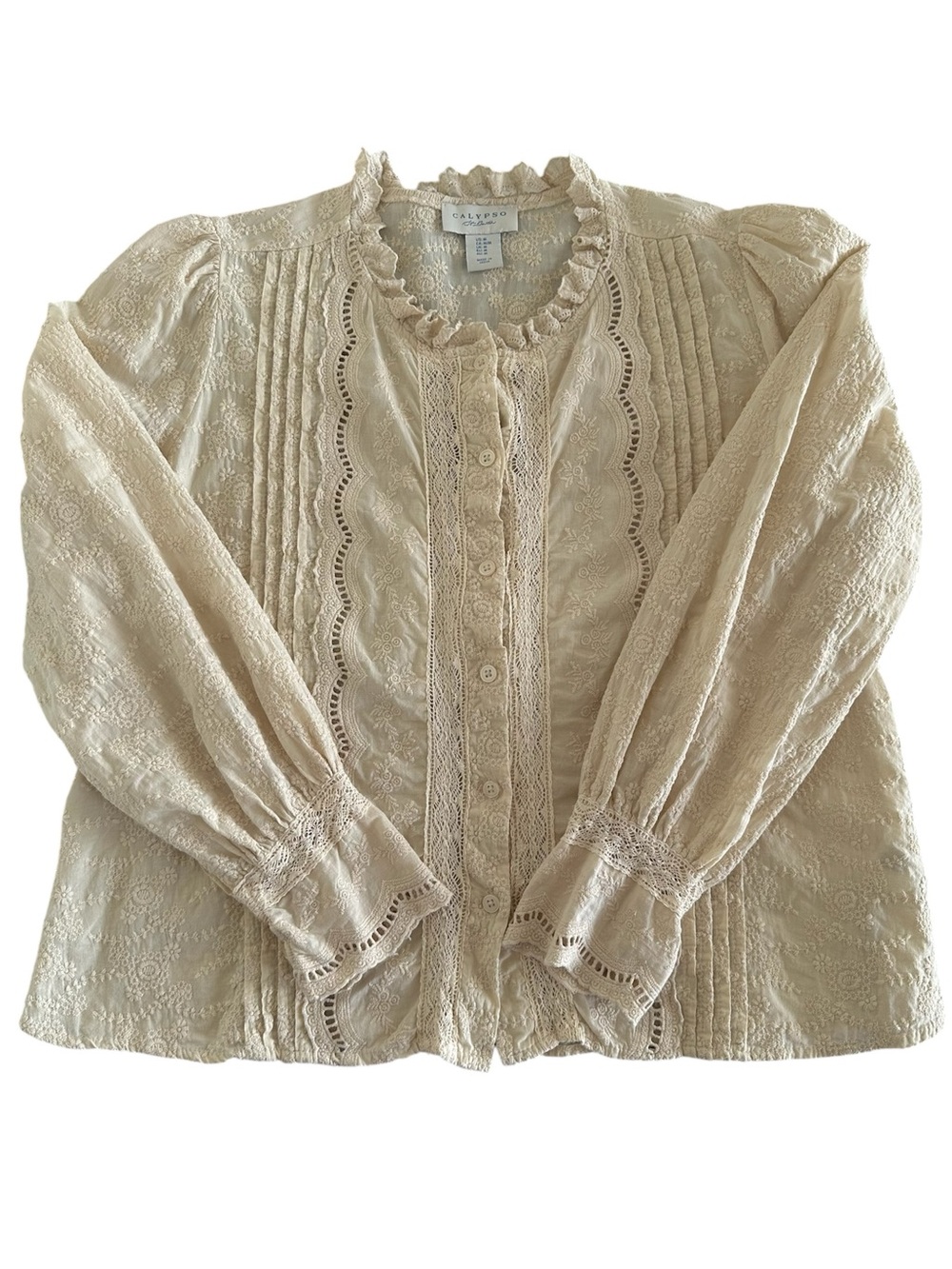 Calypso St. Barth Button Down Blouse Floral Embroidered Cream Cotton M Victorian - Picture 9 of 9